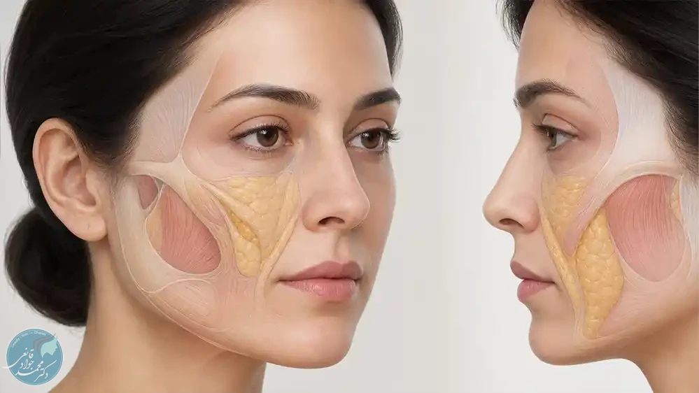 کاهش چربی‌های عمقی گونه و افتادگی چربی‌های سطحی در ایجاد خط خنده