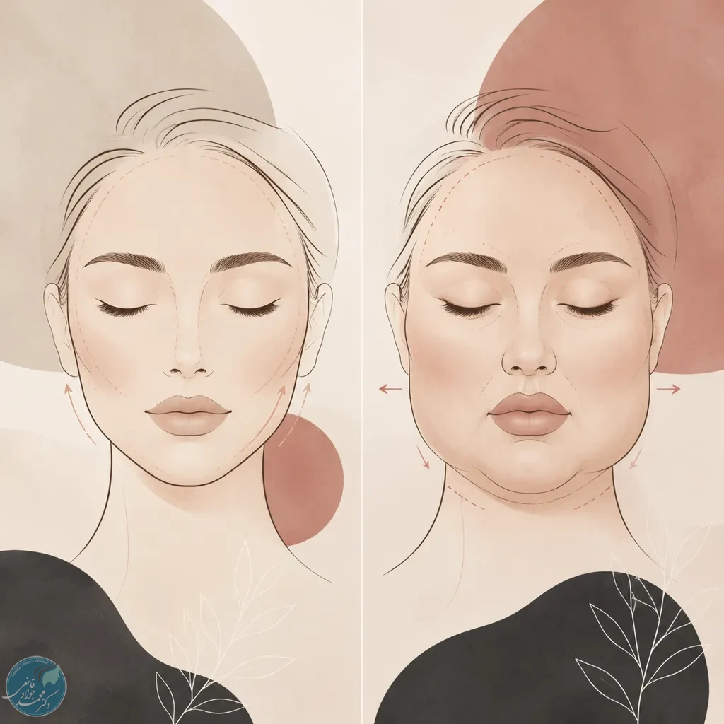 مقایسه تعادل طبیعی صورت با برجستهسازی و تزریق بیش از حد