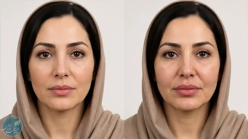 مقایسه فرم طبیعی صورت با حالت پرشدگی بیش از حد در مرکز صورت بعد از تزریق نامناسب فیلر