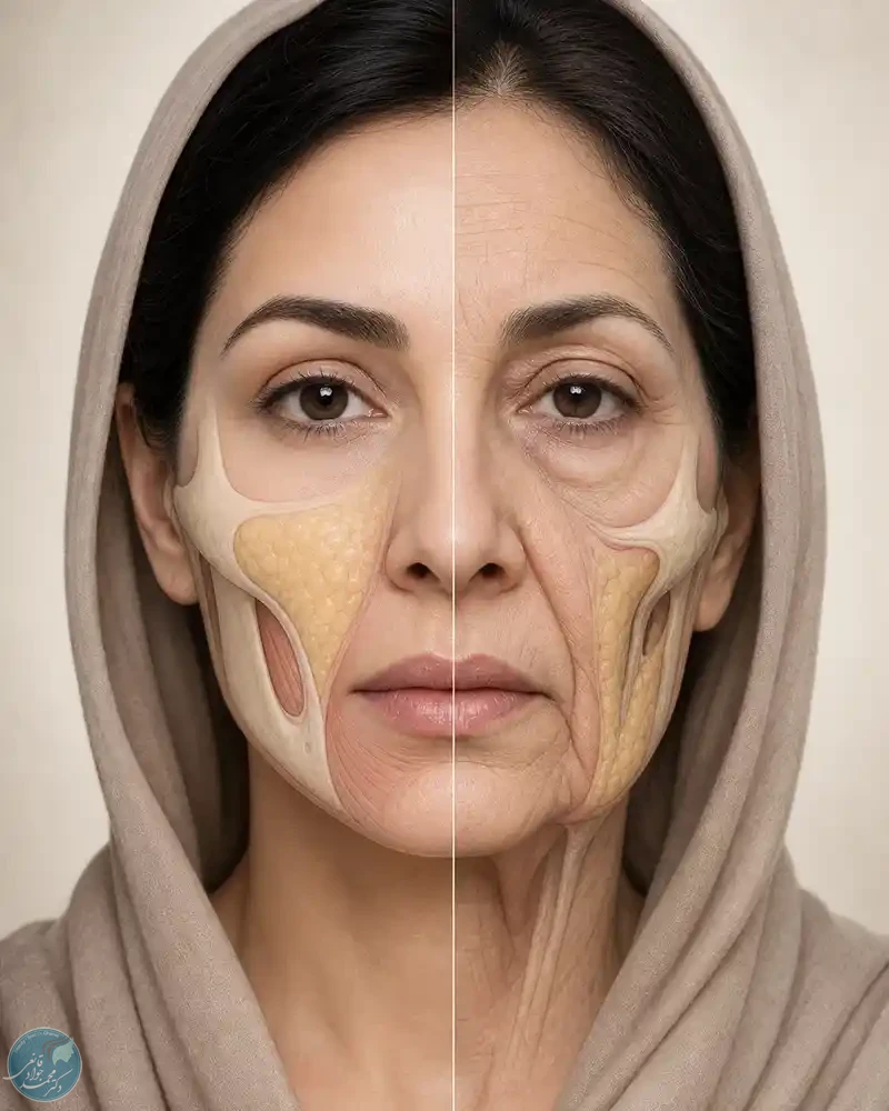 مقایسه صورت جوان و صورت دچار پیری میدفیس و عمیق‌تر شدن خط خنده